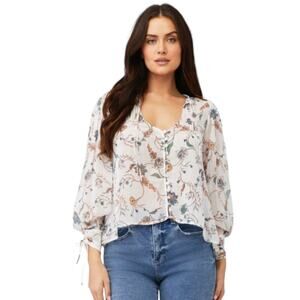 For Love and Lemons Romy White Floral Pintuck Button Blouse-Medium